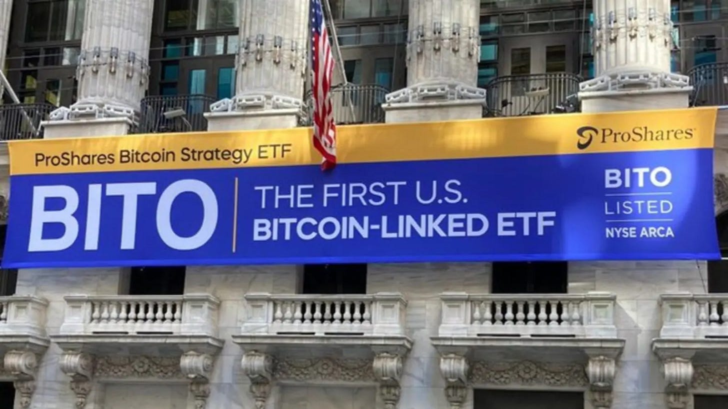 A photo representation of the Bitcoin event, The first Bitcoin futures ETF, BITO, began trading on the NYSE