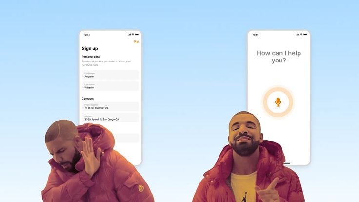 Mém ukazuje muže před screenshotem z aplikace s registrací uživatele, který odmítá, a hned vedle ten samý muž vítá screenshot s prázdnou obrazovkou, která se ptá: Co pro vás můžeme udělat. Mém ukazuje muže před screenshotem z aplikace s registrací uživatele, který odmítá, a hned vedle ten samý muž vítá screenshot s prázdnou obrazovkou, která se ptá: Co pro vás můžeme udělat.