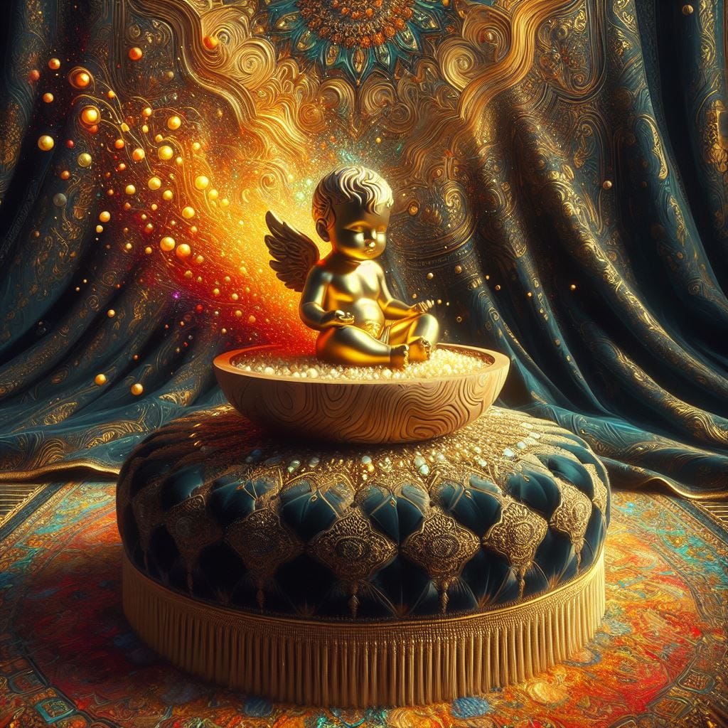 Chunky oil painting image; lensbaby focus on beautiful; painting of Olive Wood Artisan Bowl holding a  golden baby statue. sitting on a circular  black velvet embroidered with mono pattern silk/ ottoman on an ornate oil painting Persian rug. neon orange and yellow and red  with black lace on deep prussian blue heavy curtains with gold embroidery. crystals with light glowing and shining through and dripping into the scene. it onto the  Bowl of golden baby. chunky oil paint