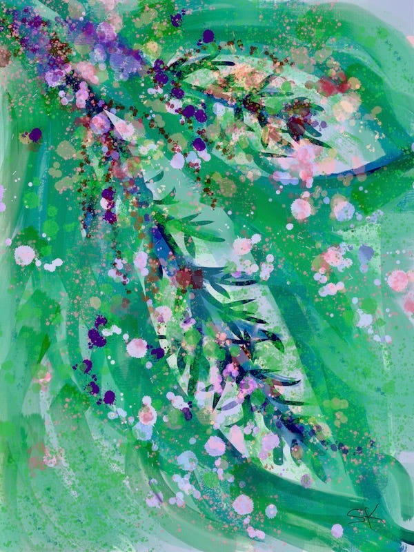 Abstract painting by Sherry Killam Arts green feather ornaments