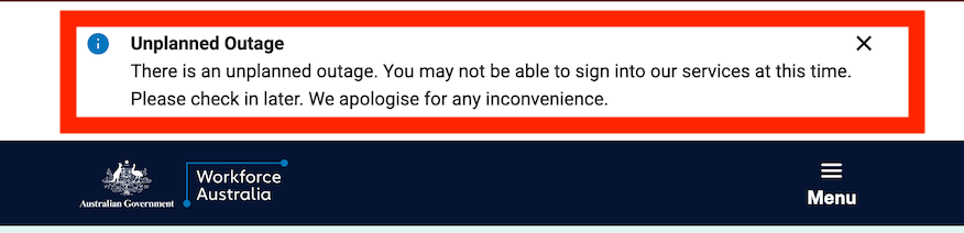 Outage notice on Workforce Australia website. 