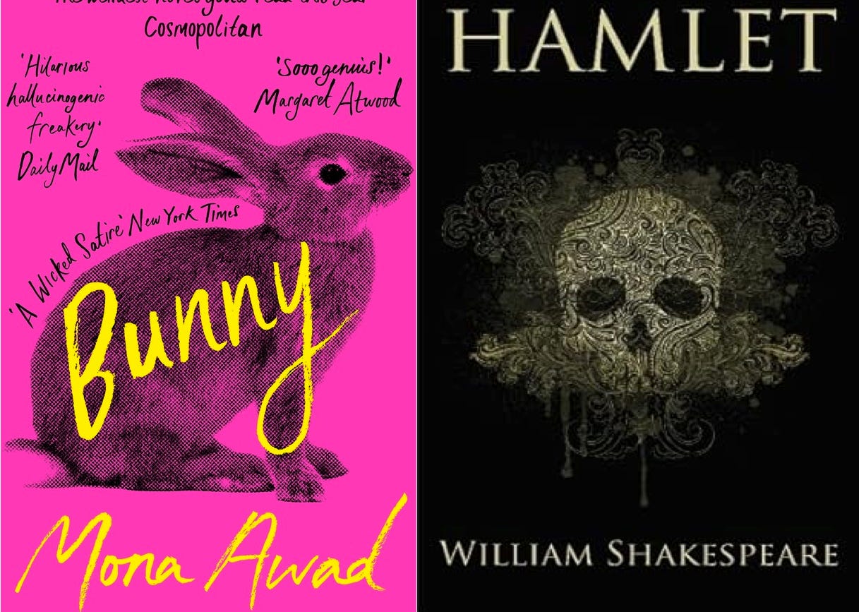 Image shows covers of Bunny, by Monica Awad, featuring a hot pink cover with a rabbit on it, and Hamlet, by William Shakespeare, featuring a black cover with a skull on it.