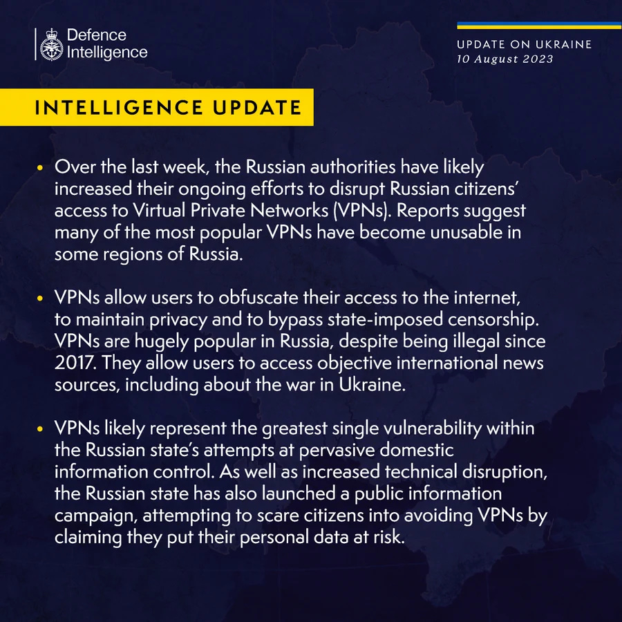 Latest Defence Intelligence update on the situation in Ukraine - 10 August 2023. Please read thread below for full image text.