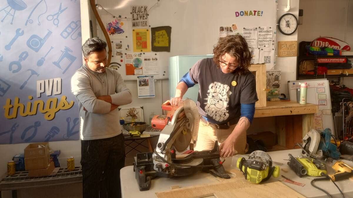 Neighbors learn how to use a circular saw at a PVD Things power tools 101 workshop in July 2024. Neighbors learn how to use a circular saw at a PVD Things power tools 101 workshop in July 2024.