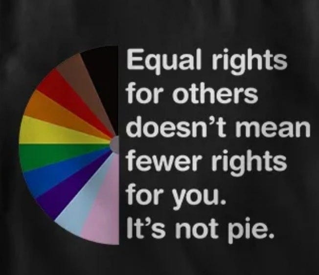 May be an image of text that says 'Equal rights for others doesn't mean fewer rights for you. It's not pie.'