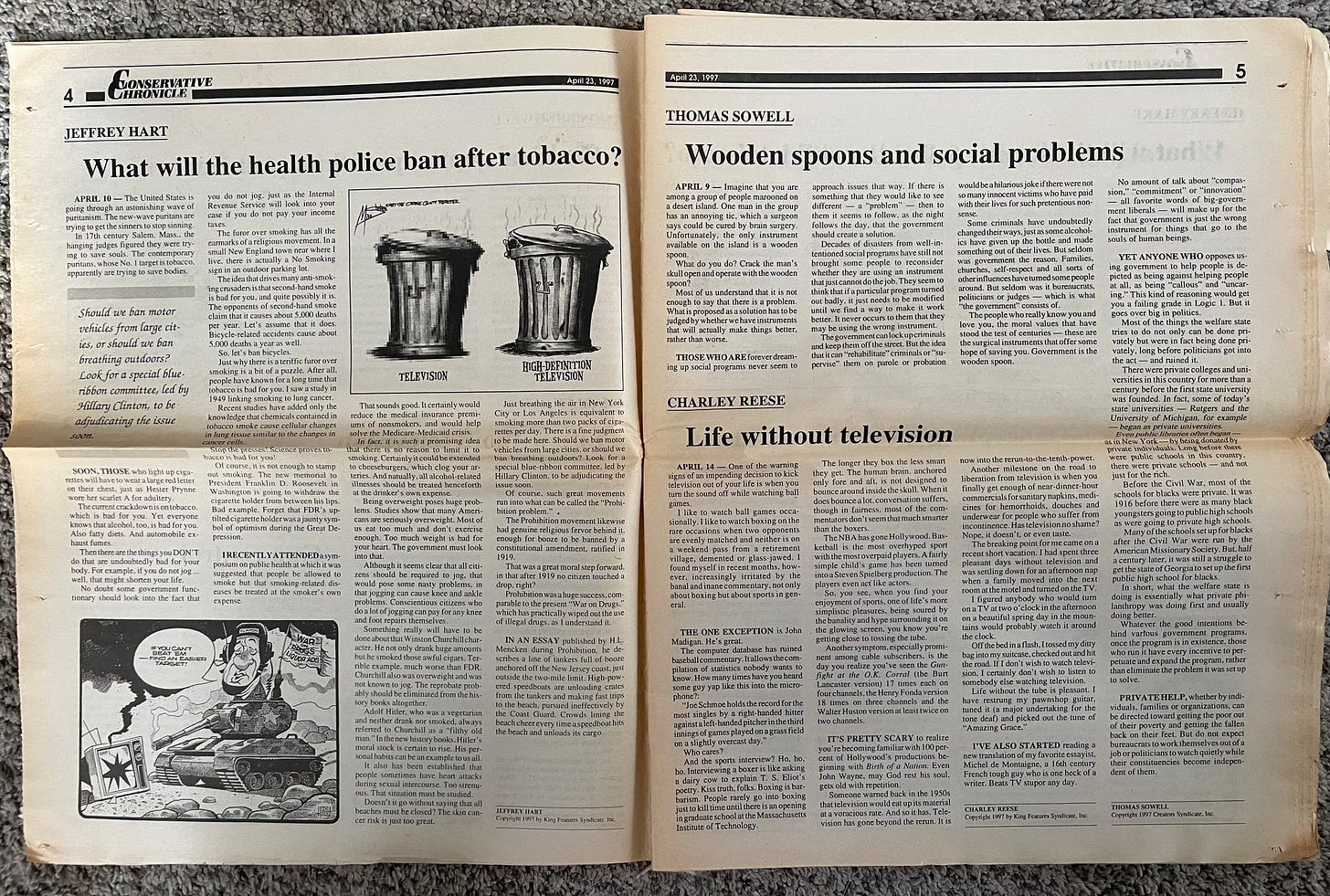 yellowed newspaper pages with headlines like what will the health police ban after tobacco?