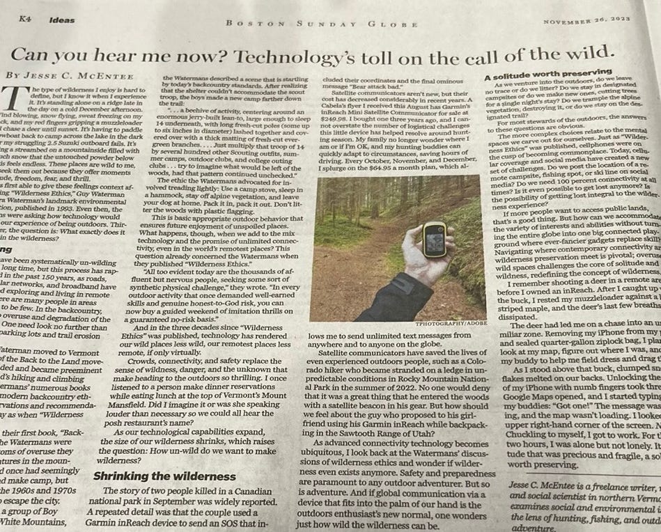 Jesse McEntee's article "Can you hear me now? Technology’s toll on the call of the wild," published in the Boston Globe