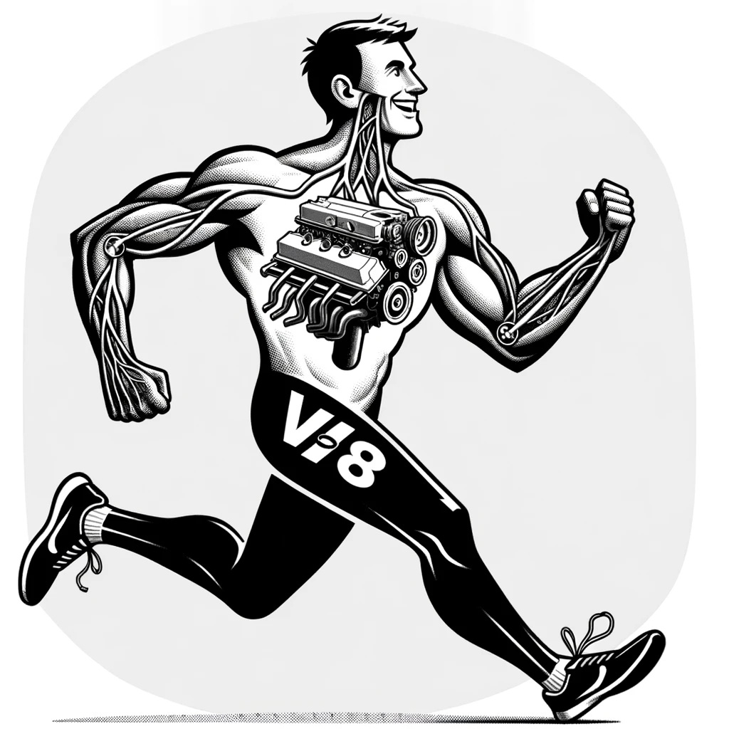 Create a more cartoonish black and white illustration of a V8 engine replacing the lungs and cardiovascular system of an athlete. The athlete should be depicted in an exaggerated, playful style, possibly with a big smile and in a running or jumping pose. The V8 engine should be drawn in a whimsical, oversized manner, emphasizing its humorous integration into the athlete's body. The style should be light-hearted and less formal, suitable for a fun and engaging poster.