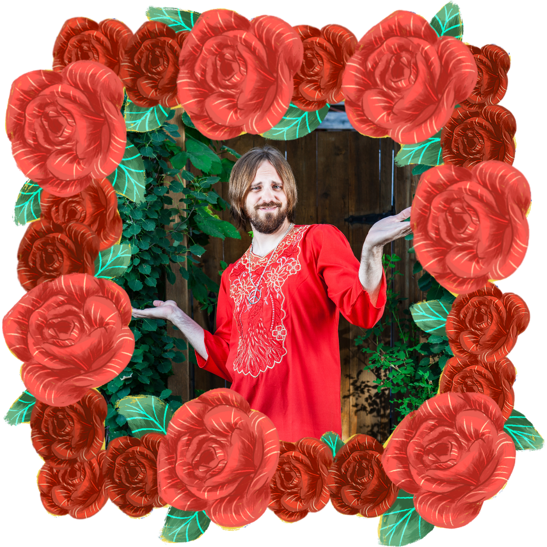 image of guru shrugging in a frame of roses