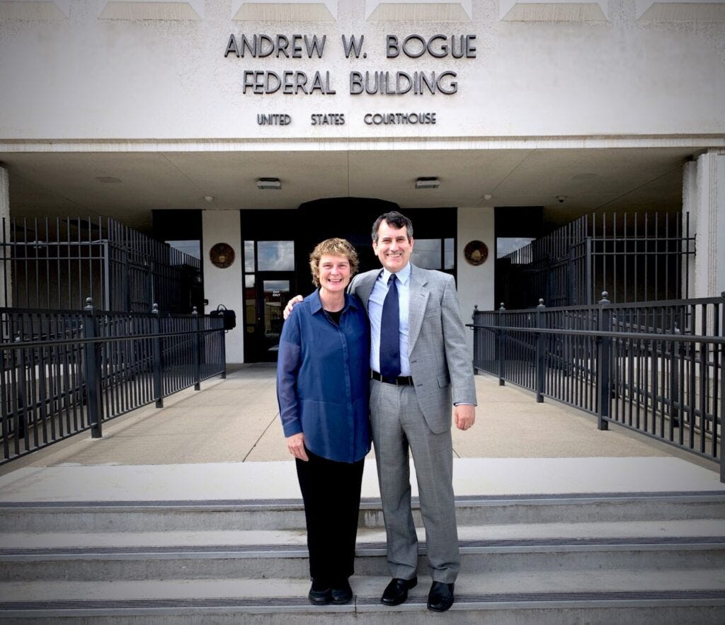 Ruth Esperance, left, and her attorney, Daniel Gebhardt, in front of the federal courthouse in Rapid City. (Courtesy of Daniel Gebhardt/Solomon Law Firm)