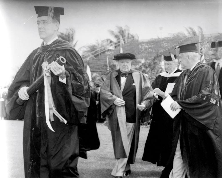 Winston Churchill receiving his honorary Juris Doctorate degree in the Orange Bowl on February 26, 1946.