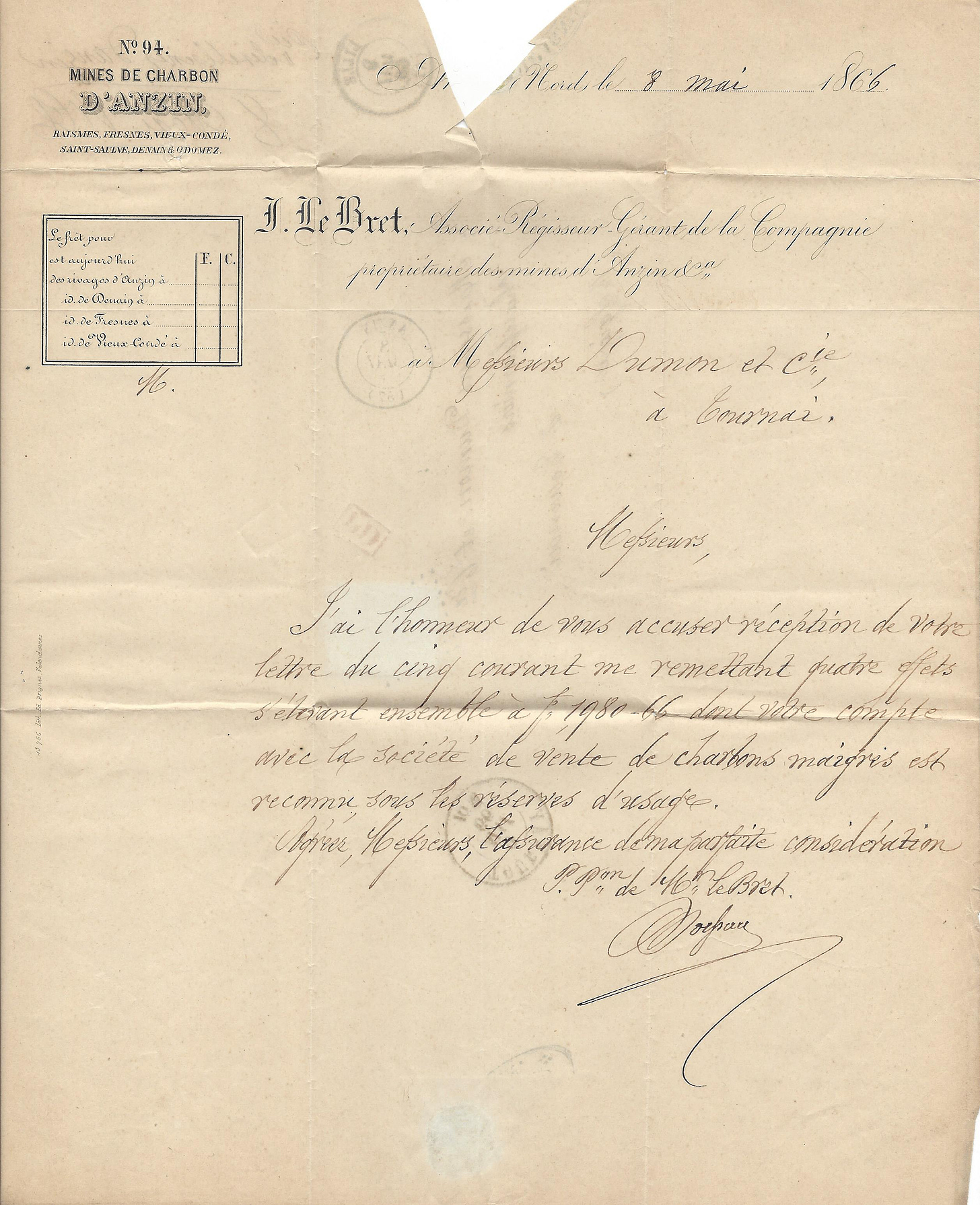 content of the 1866 business letter