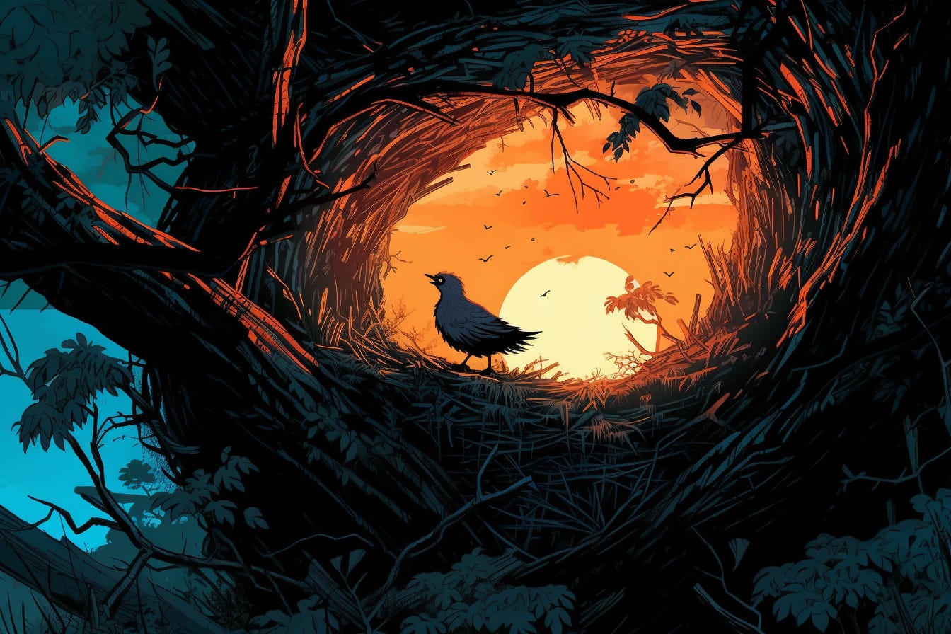 A bird in a nest in darkness with a bright sun in the background