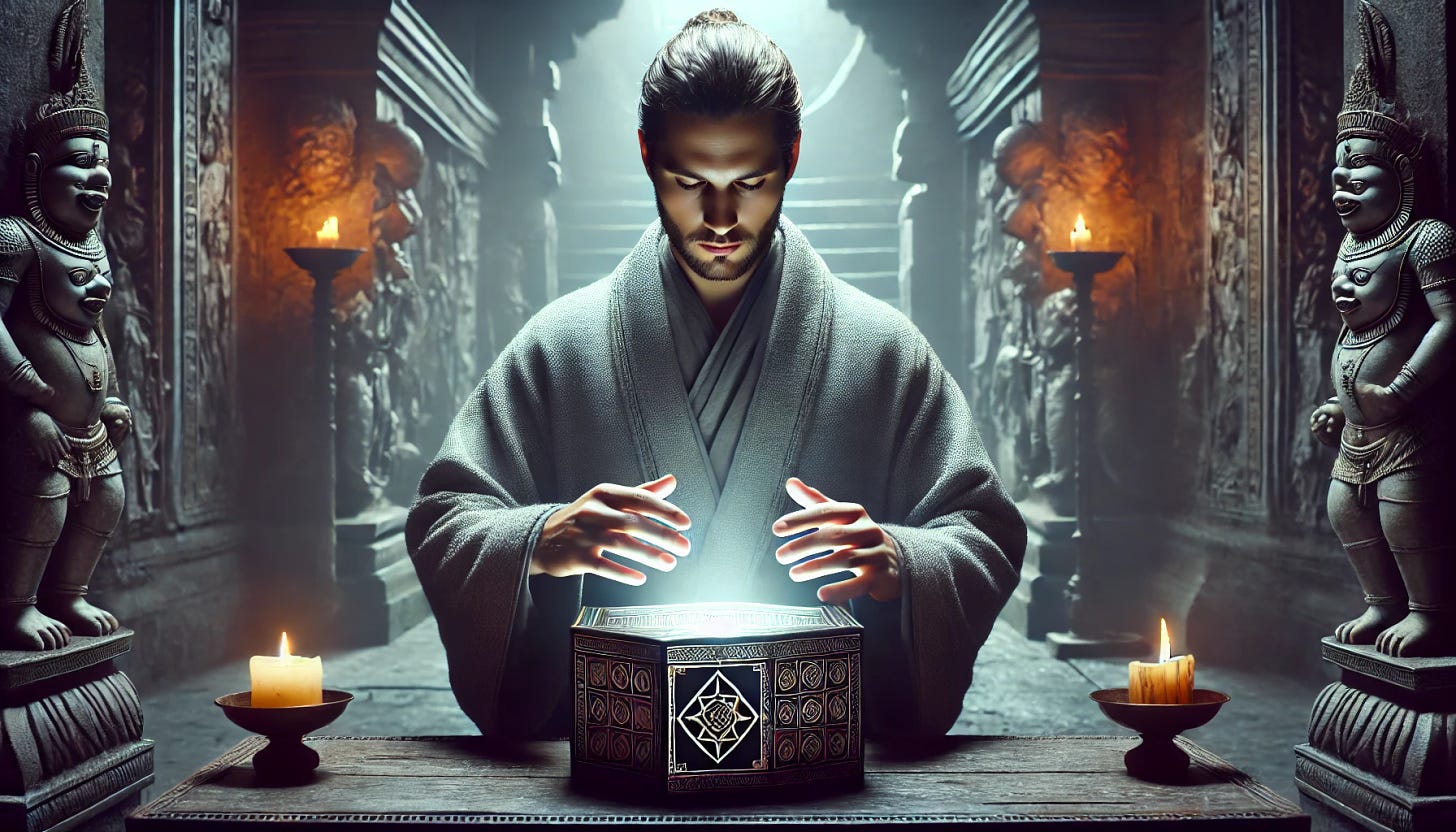 A man adorned in grey ceremonial robes works to open a mystery puzzle box that emanates a mysterious glow. The background is a dimly lit temple's inner sanctum with ancient stone walls, flickering torches, and intricate carvings. The man has a focused expression as he delicately manipulates the box, and the soft, ethereal glow from the box illuminates his face and hands.