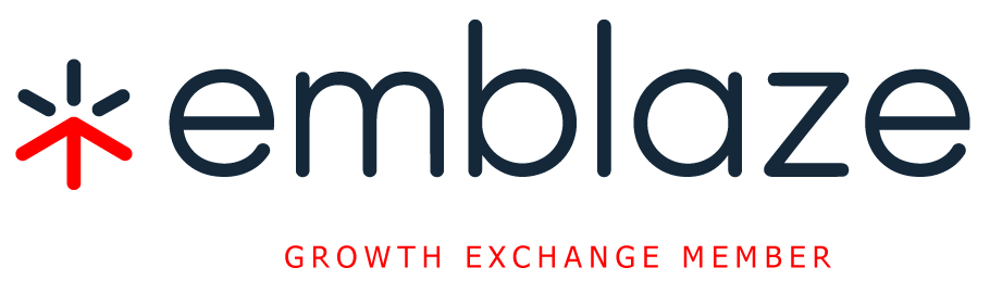 Emblaze logo: stylized text with a red arrow symbol, Growth Exchange Member tagline below.