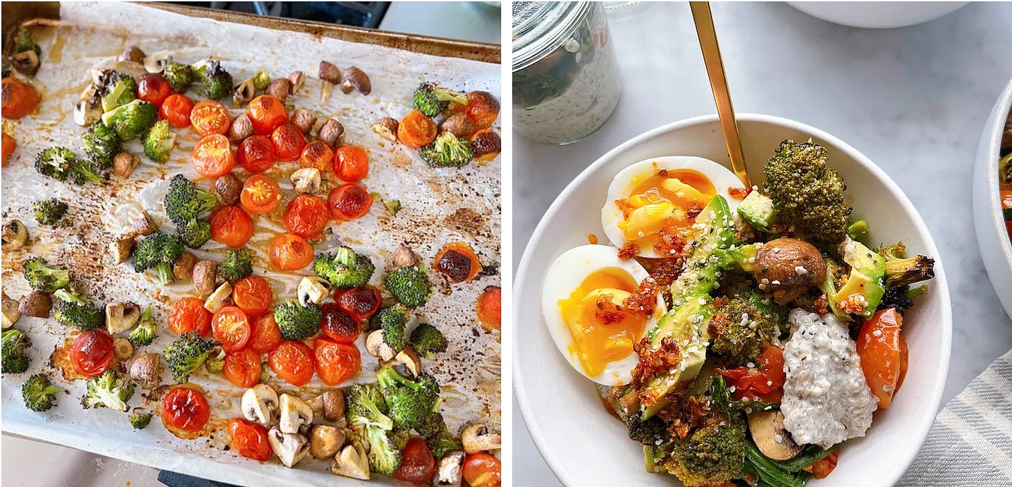 Roasted Vegetables and a bowl of savory breakfast porridge with a soft boiled egg