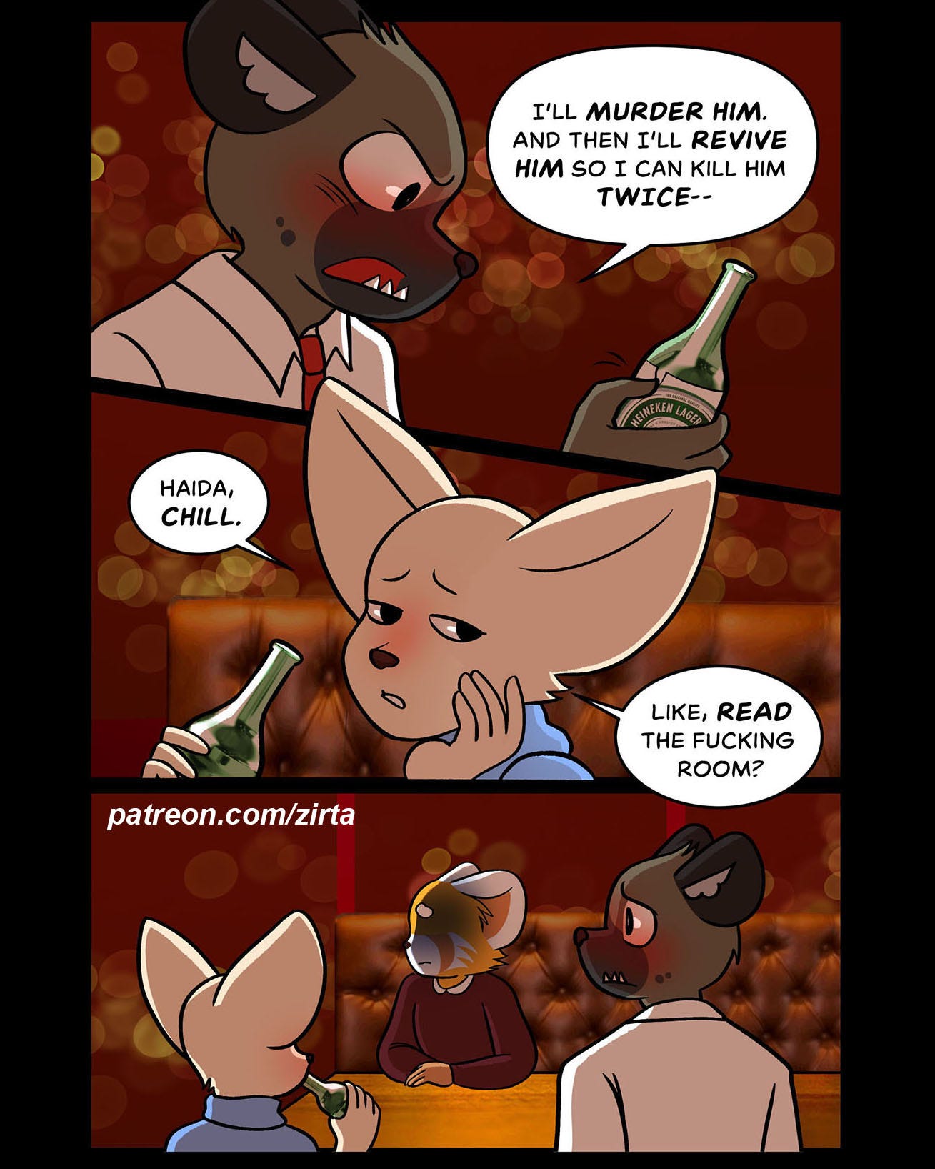 May be an image of text that says 'I'LL MURDER HIM. AND THEN I'LL REVIVE HIM so CAN KILL HIM TWICE-- HAIDA, CHILL. NEKLAGED LIKE, READ THE FUCKING ROOM? patreon.com/zirta'