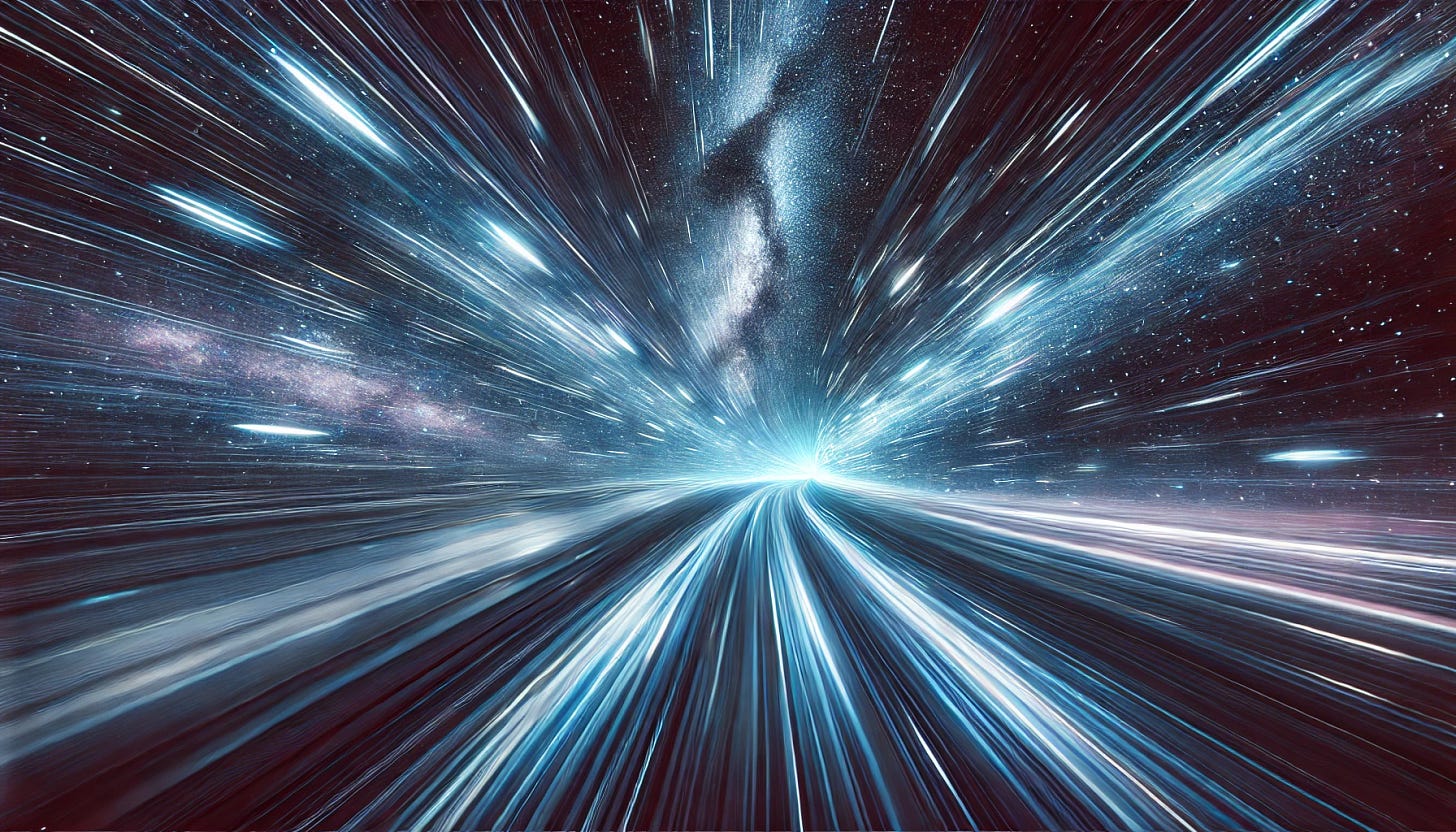 A breathtaking view of traveling through deep space at high speed. The stars appear elongated and blurred, creating a tunnel-like effect, emphasizing rapid motion. The colors range from deep blues and purples to streaks of white light, evoking a sense of speed and cosmic wonder. The perspective makes the viewer feel as if they are moving forward into the unknown, surrounded by the vastness of the universe.