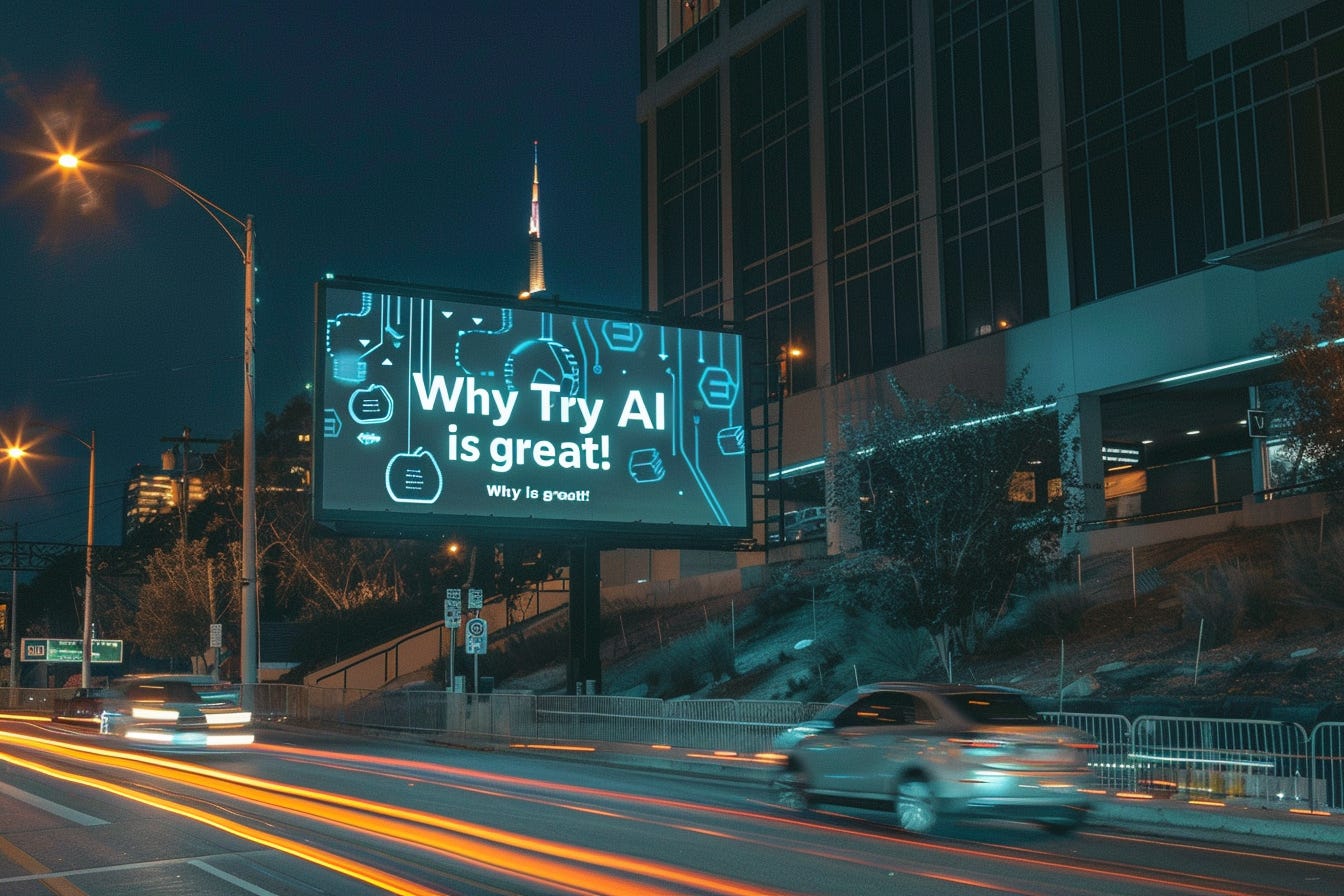 Image of a billboard that says Why Try AI is great in Midjourney