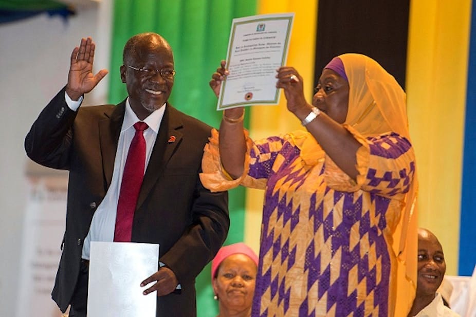 A photo of John Pombe Magufuli and Samia Suluhu Hassan after winning elections October 30, 2015.