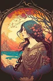 Art Nouveau example beautiful woman with trees and leaves around her
