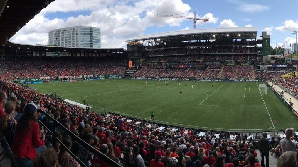 Sold-out crowd of 25,218 fills Providence Park on Sunday, August 11 for the Portland Thorns match against the North Carolina Courage - KATU image.