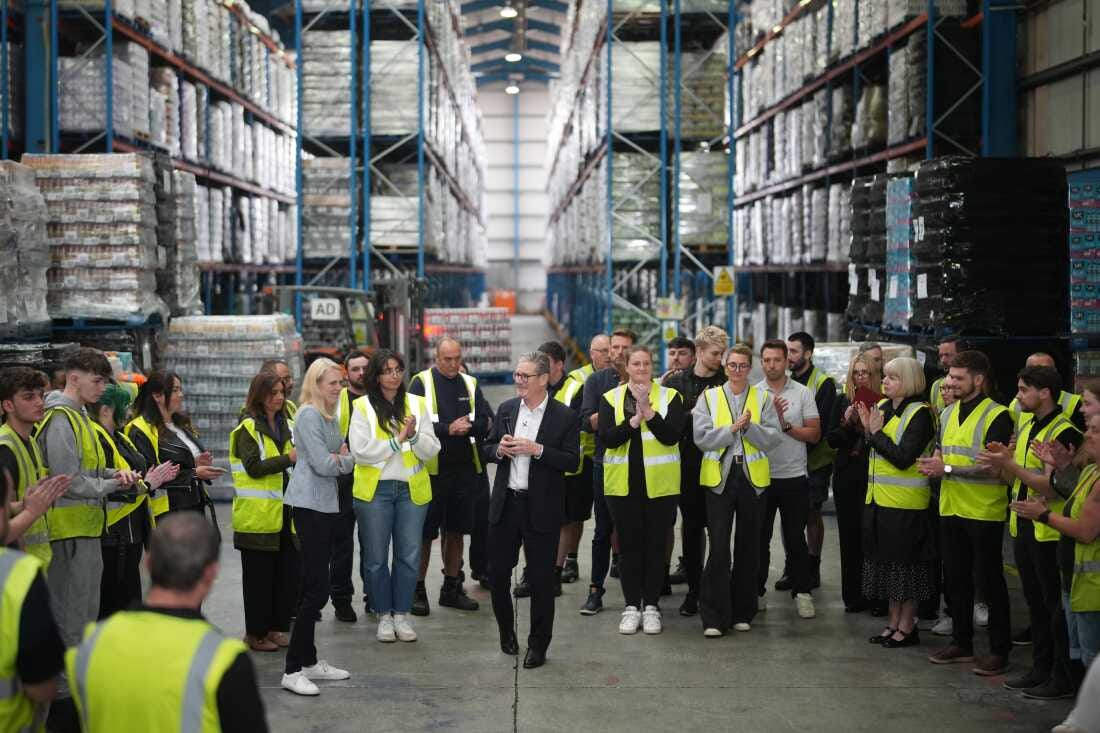 Labour Party leader Keir Starmer and candidate for North East Derbyshire, Louise Jones, hold a Q&A with the workers of the Global Brands distribution company on Tuesday in Chesterfield, United Kingdom.