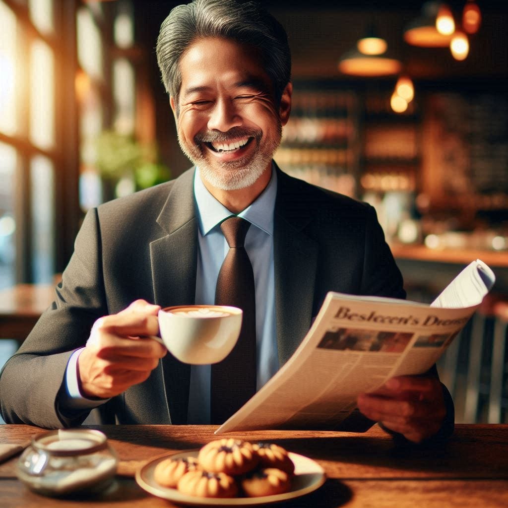 un inversor comiendo galletitas y café