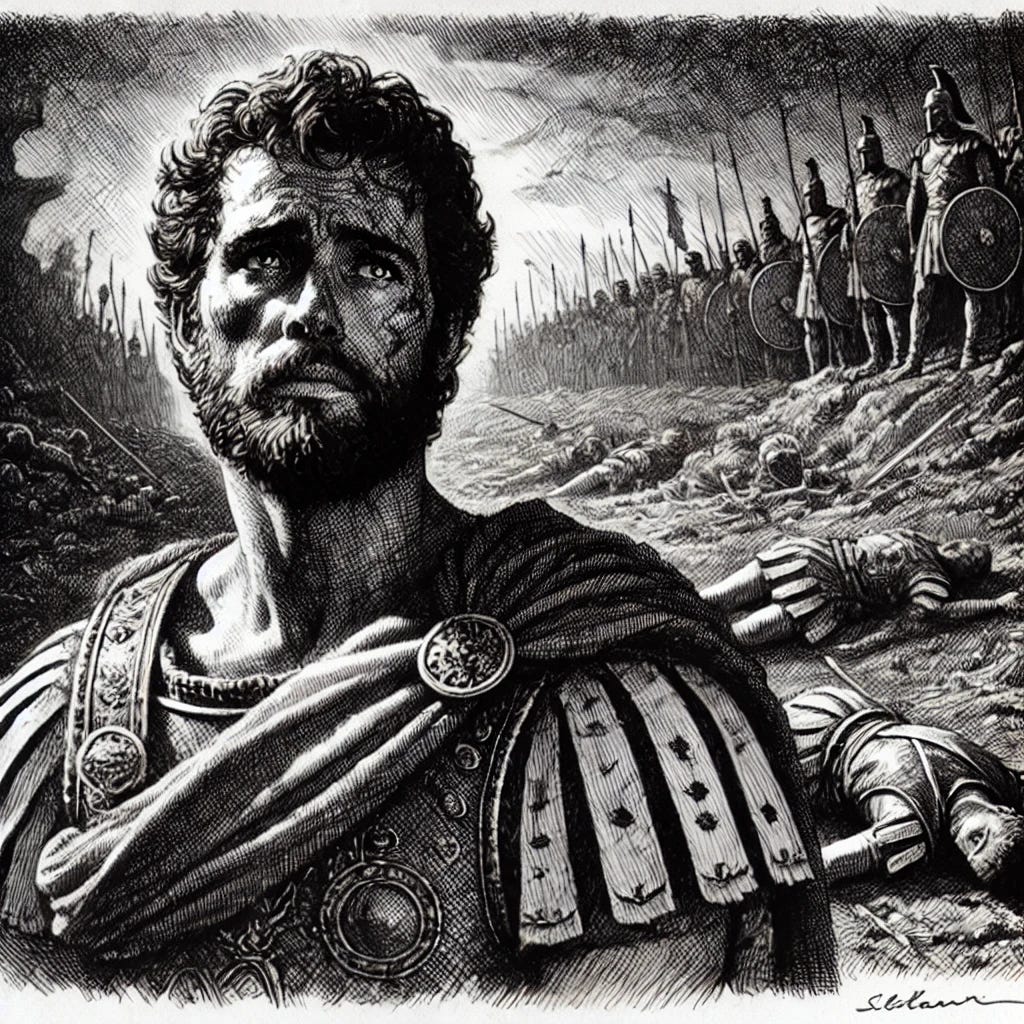 A black and white pen sketch of King Pyrrhus standing on a battlefield after the costly victory at Beneventum. He gazes wistfully over the scene, his expression a mix of triumph and sorrow. The background is filled with fallen soldiers, both his own and the enemy, their bodies scattered across the rugged terrain. Shadows and dramatic lighting emphasize the bittersweet nature of his emotions. His armor is battle-worn, his sword lowered, and his stance weary. The sketch is detailed with fine lines and cross-hatching to create depth and texture.