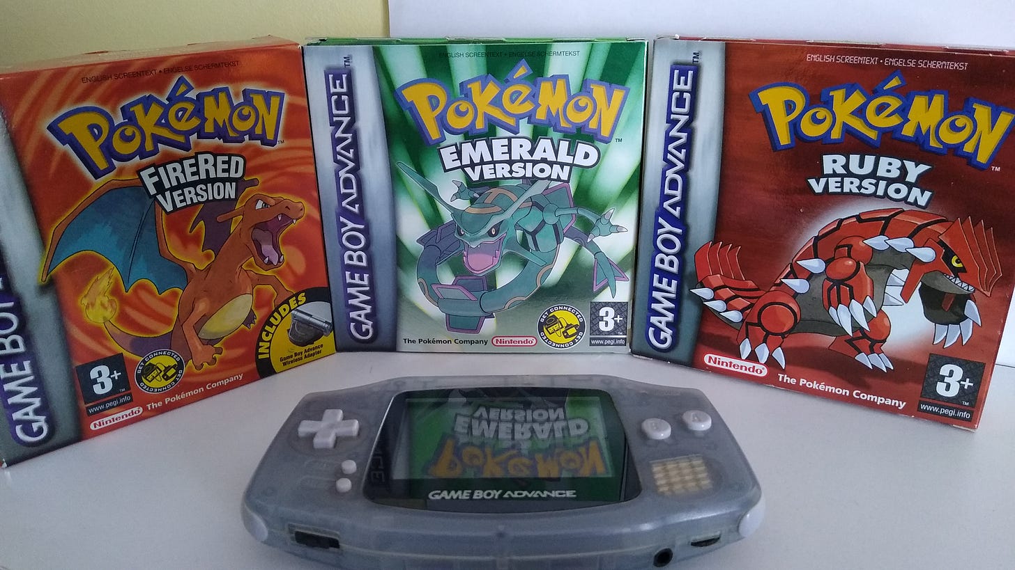 My copies of Pokémon FireRed, Emerald, Ruby and my original Game Boy Advance