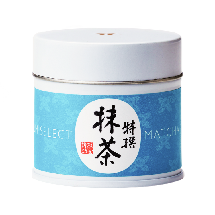 Brand new tin can of Ippodo Tea Premium Select Matcha with turquoise floral label with Japanese writing in white circle