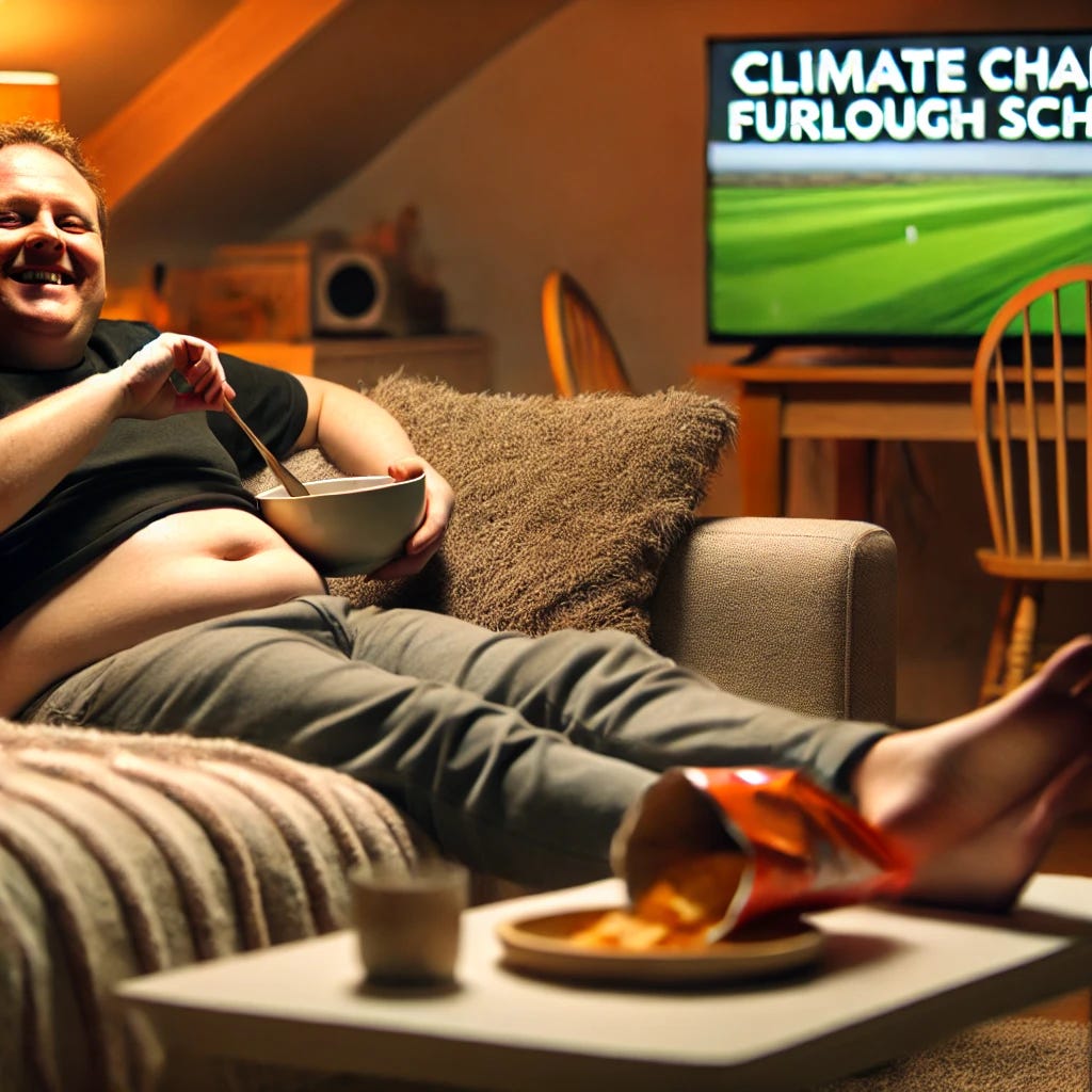 A cozy living room scene featuring a single person lounging on a sofa, looking relaxed and happy. The person is eating snacks and appears to be gaining weight, with a visible belly. The atmosphere is laid-back, with the TV on, displaying the title 'Climate Change Furlough Scheme.' The room is warm and comfortable, with soft furniture and a coffee table covered in snacks. The person is smiling, enjoying their time off, with a relaxed and carefree expression.