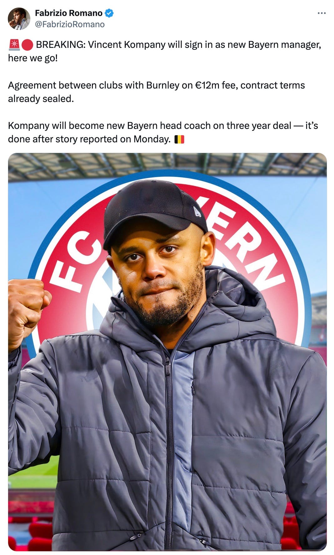 A tweet by Fabrizio Romano about Vincent Kompany joining Bayern Munich as manager