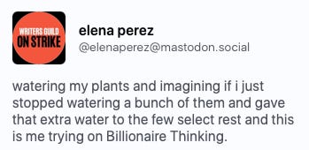Toot from Elena Perez: watering my plants and imagining if I just stopped watering a bunch of them and gave that extra water to the few select rest and this is me trying on Billionaire Thinking