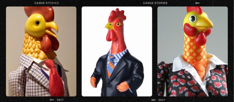 Three portraits of rubber chickens dressed in business clothes