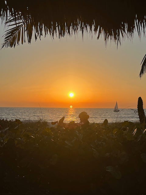 Sun setting into the ocean with a sailboat on the water