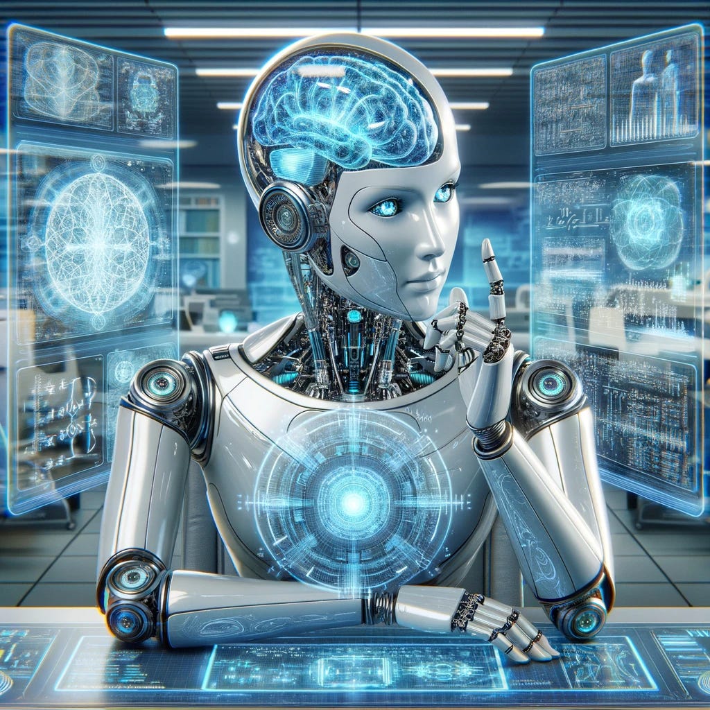 A highly detailed illustration depicting an AI language model, represented as an advanced, sleek, silver robotic figure with a transparent head revealing intricate digital brain circuits. The robot is sitting at a modern, high-tech desk in a futuristic office, surrounded by holographic displays. These displays show various complex mathematical equations and diagrams being broken down into smaller, manageable steps. The robot's hands are gesturing, as if it's actively solving the problems, with a focus on clarity and precision in its approach. The background of the office is filled with other advanced technology and AI-themed decor, emphasizing a cutting-edge, intelligent environment.