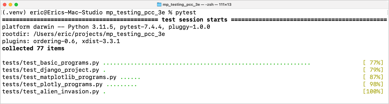 terminal output showing passing tests