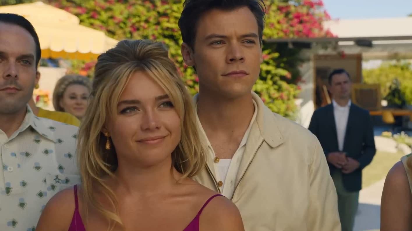 Don't Worry Darling starring Florence Pugh, Harry Styles, Chris Pine, Olivia Wilde and Gemma Chan. Click here to check it out.