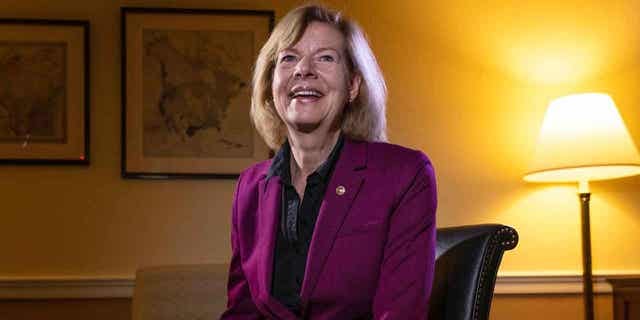 Sen. Tammy Baldwin poses for a portrait after an interview on Dec. 6, 2022, on Capitol Hill. Baldwin announced that she is seeking a third term in battleground Wisconsin. 
