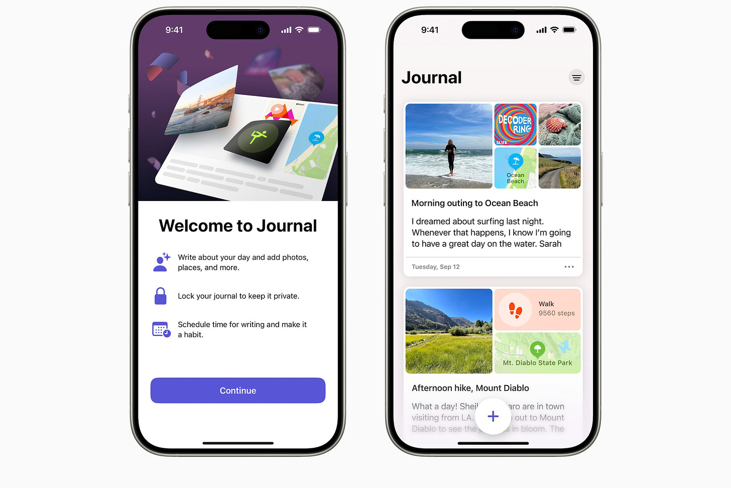 A picture of the Journal app on two iPhones.