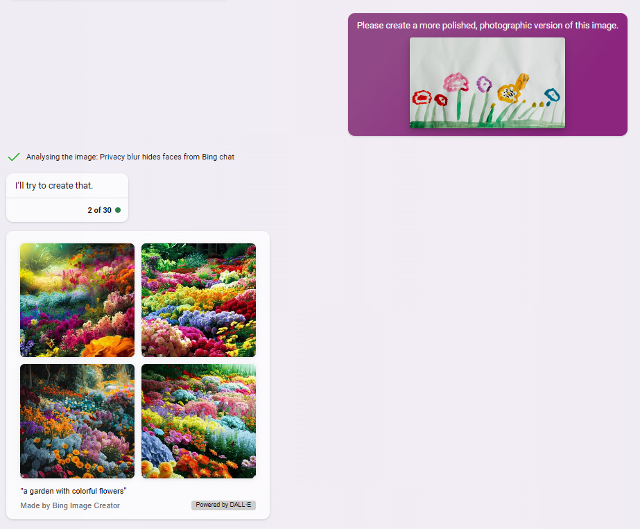 Bing returning photographic images of colorful flowers based on kid drawing input