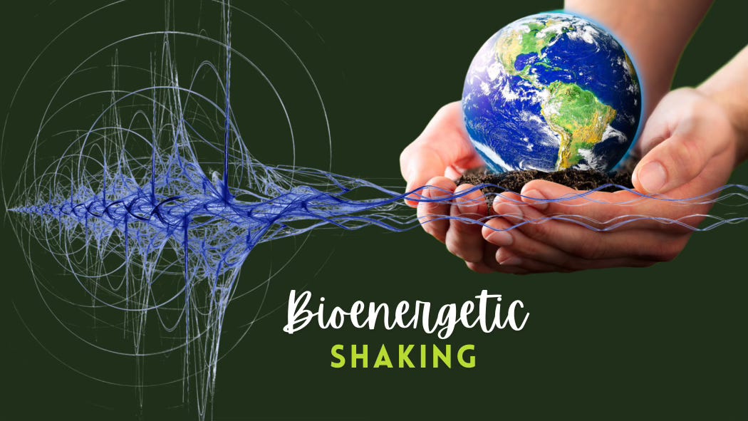 Bioenergetic shaking: vibrational waves disrupt and distort the space beneath two cupped hands that cradle the planet Earth atop a nourishing bed of dark dirt.