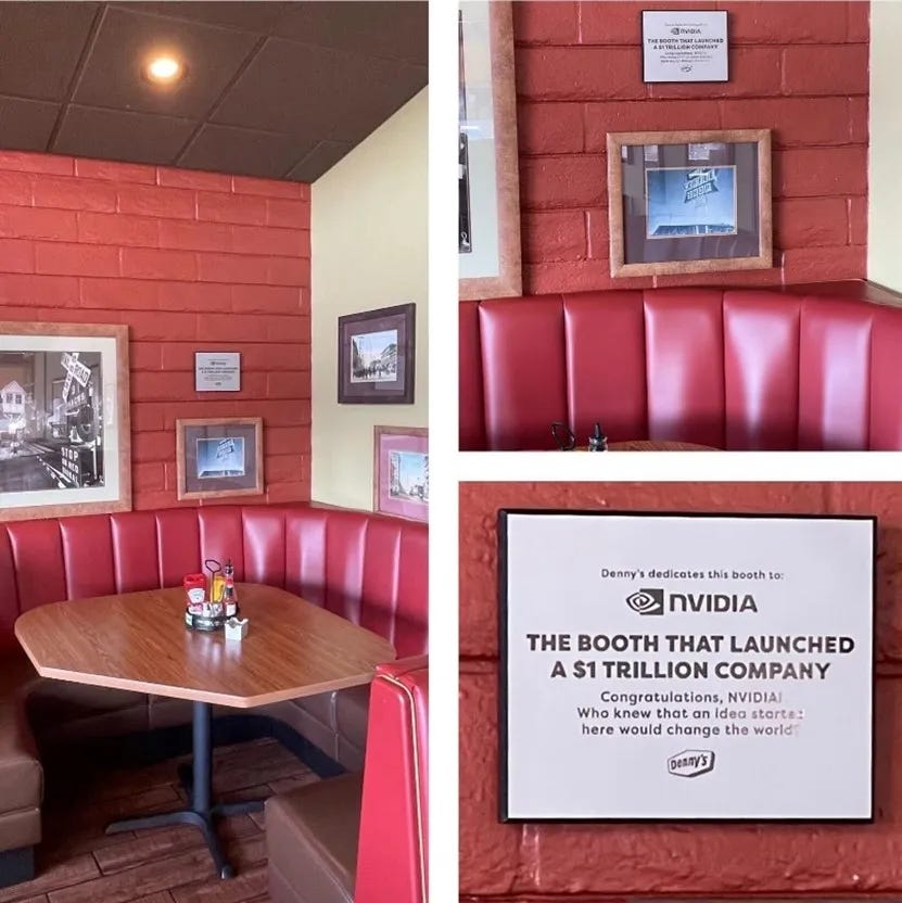 The idea for NVIDIA was conceived over breakfast in 1993 in this Denny’s booth in San Jose, California.