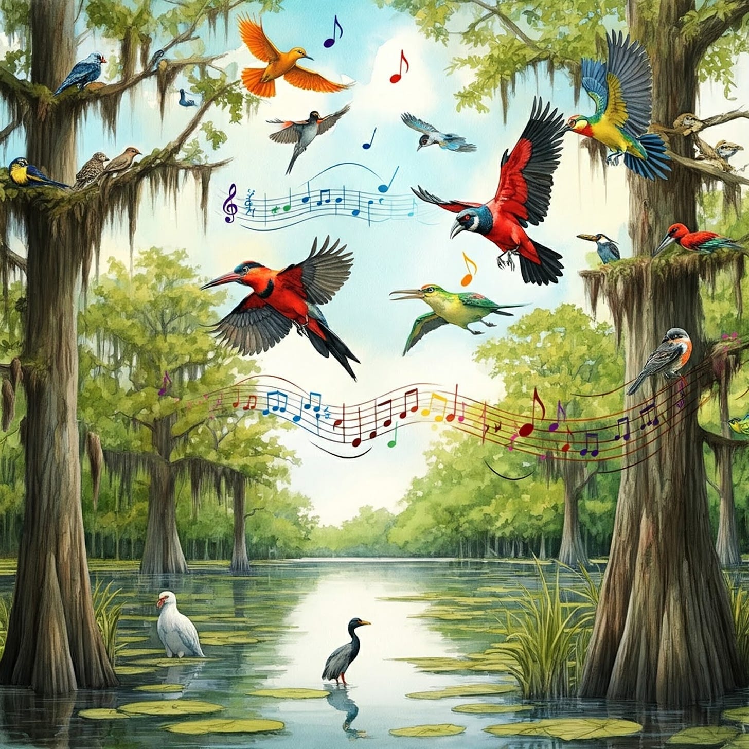 Image of Mississippi Flyway in Louisiana with the musical notes of bird songs in the air.