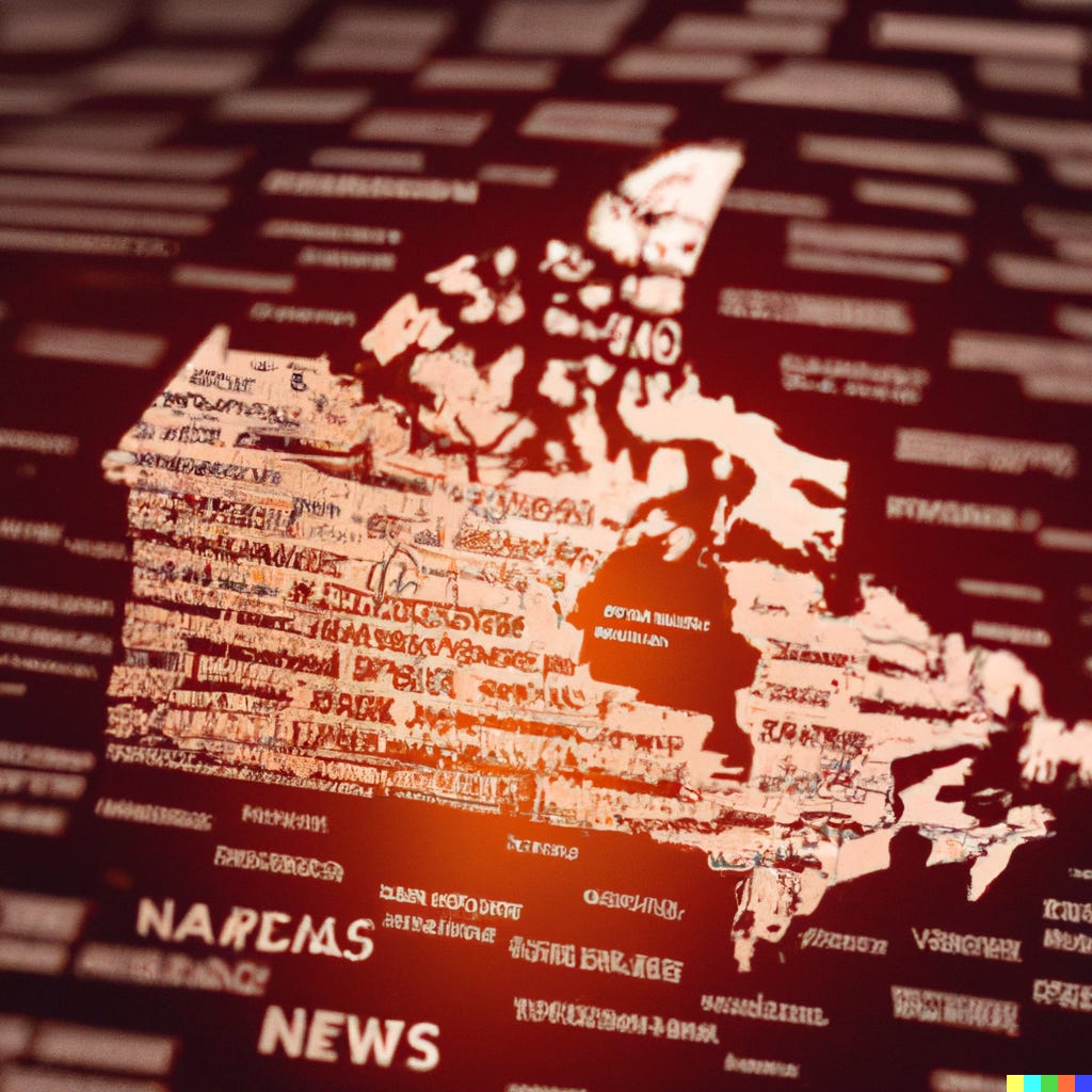 “a map of Canada overlaid with news headlines, digital art” / DALL-E