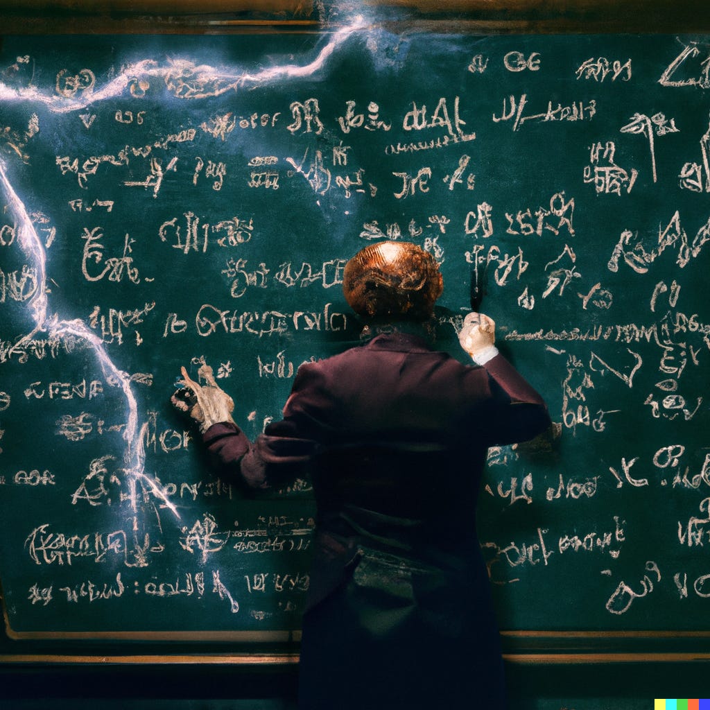 DALL·E 2023-06-30 16.13.59 - mathematics professor doing quick calculations on a chalkboard full with equations. from the back. lightnings, like frankenstein creation. in an old s.png