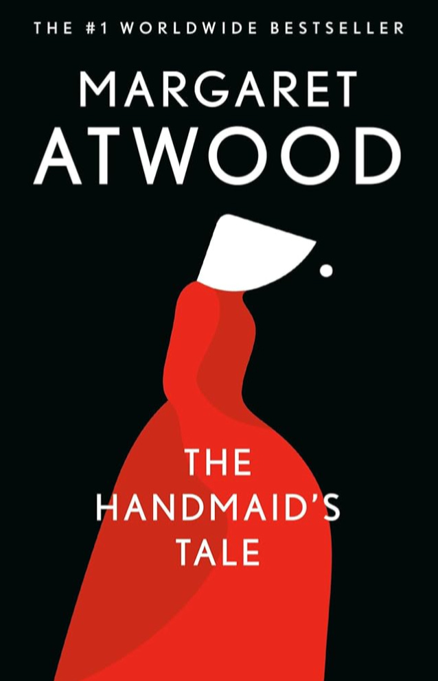 book cover of The Handmaid's Tale, depicting a woman in a red dress and white bonnet that covers her face