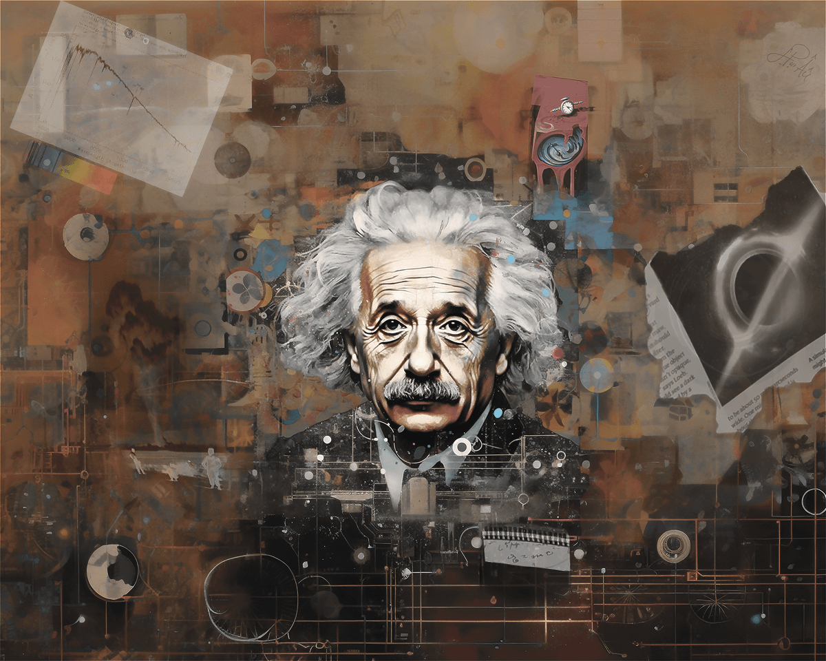 "Einstein: Autistic Prophet of Dark Time" original digital by Johnny Profane Âû. An artistic portrait of Albert Einstein emerges from a chaotic background of geometric shapes, mathematical equations, and nostalgic items. The juxtaposition of Einstein's pensive expression with the fragmented, textured layers suggests a brilliant mind constantly at work. The earthy color palette and collage-like composition create a sense of depth and complexity, inviting the viewer to explore the inner workings and influences behind Einstein's groundbreaking ideas. Digital tools included AI.