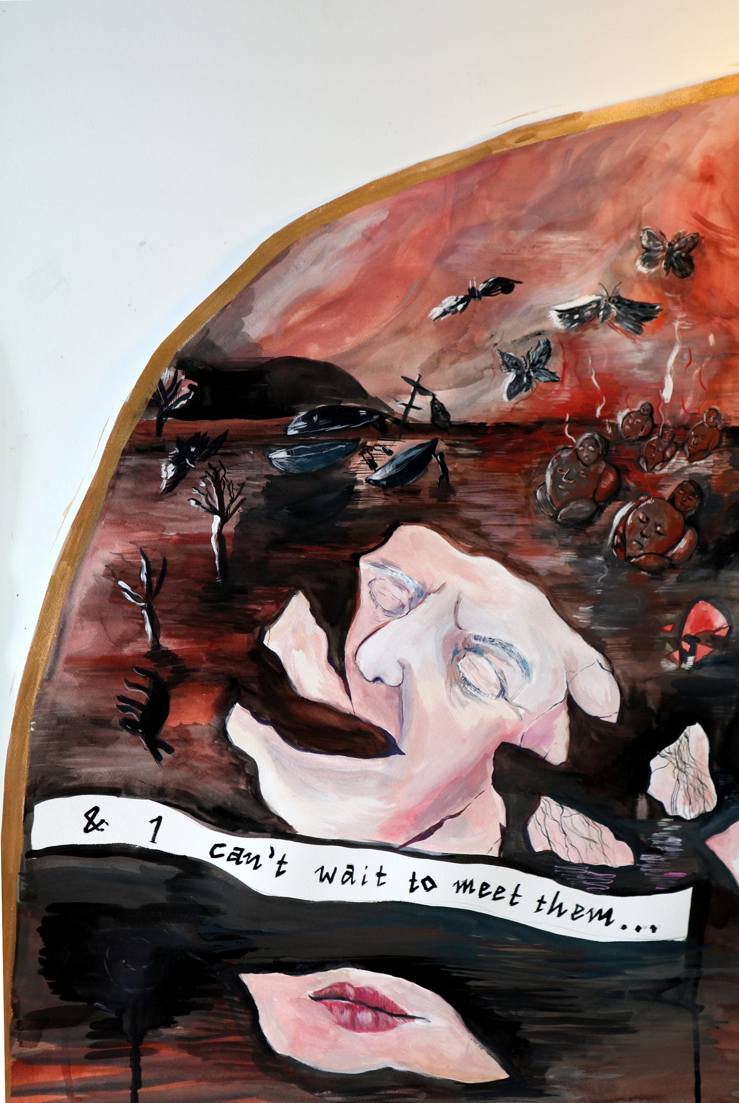 Third part of triptych: apocalyptic scene with skin flaking off old face, black moths, roasted chickens with heads on their stomach, with the text '& I can't wait to meet them ... '